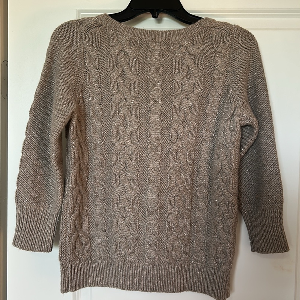 EUC Loft dove gray cable knit sweater size MP wool blend with silver threads - Picture 2 of 8